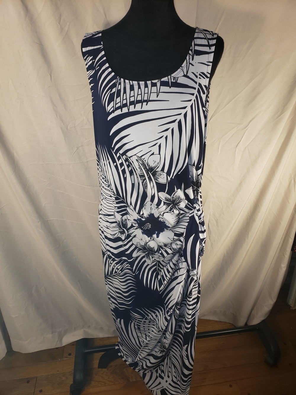 Robbie Bee Navy and White Tropical Maxi Dress